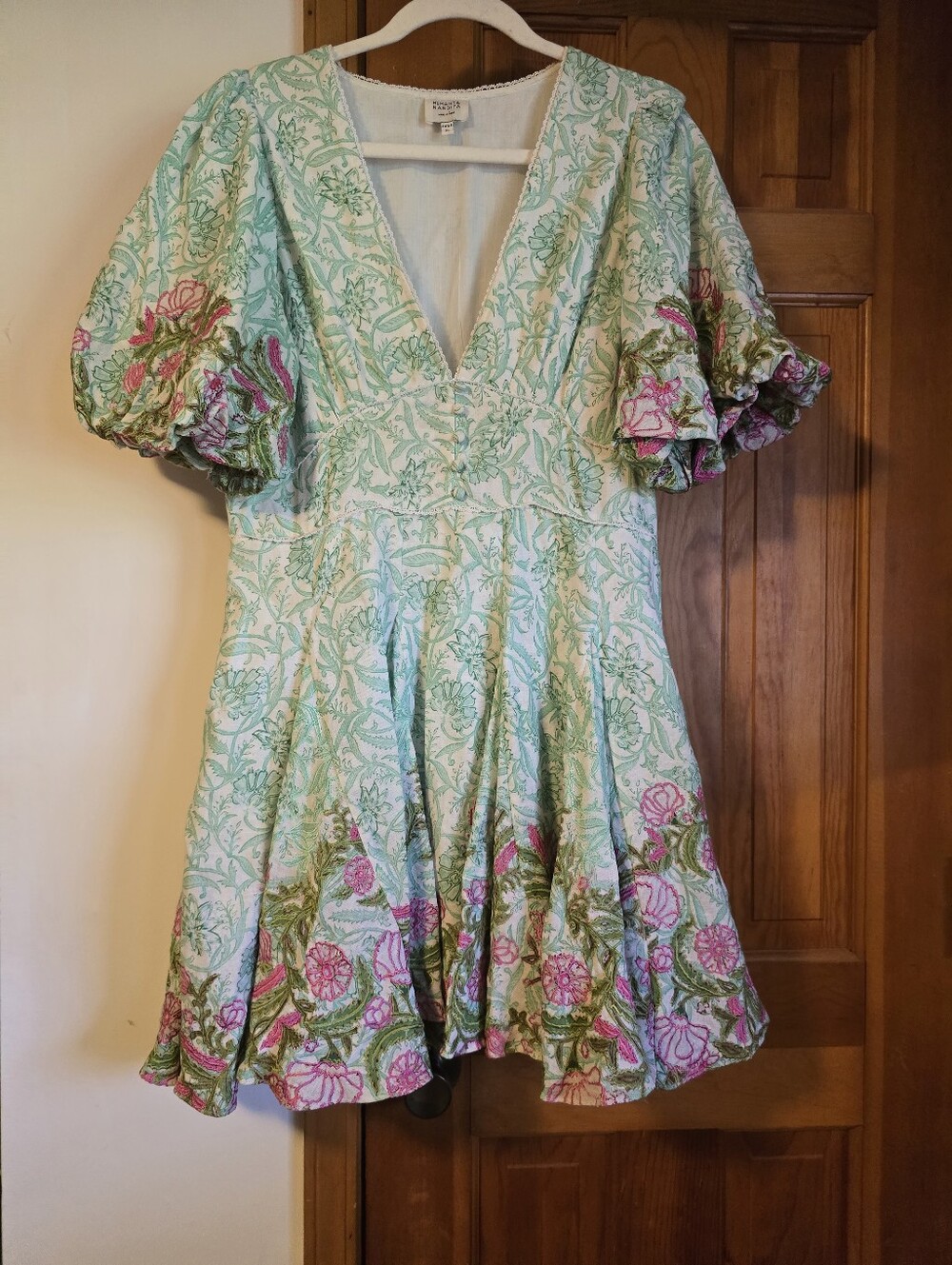 Floral V-Neck Puff Sleeve Hemant & Nandita Mini Dress - Mint & Pink
